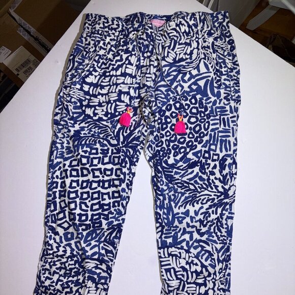 Lilly Pulitzer Women's S Aden Linen Pant Blue White Home Slice Beach Tassel - Picture 1 of 12
